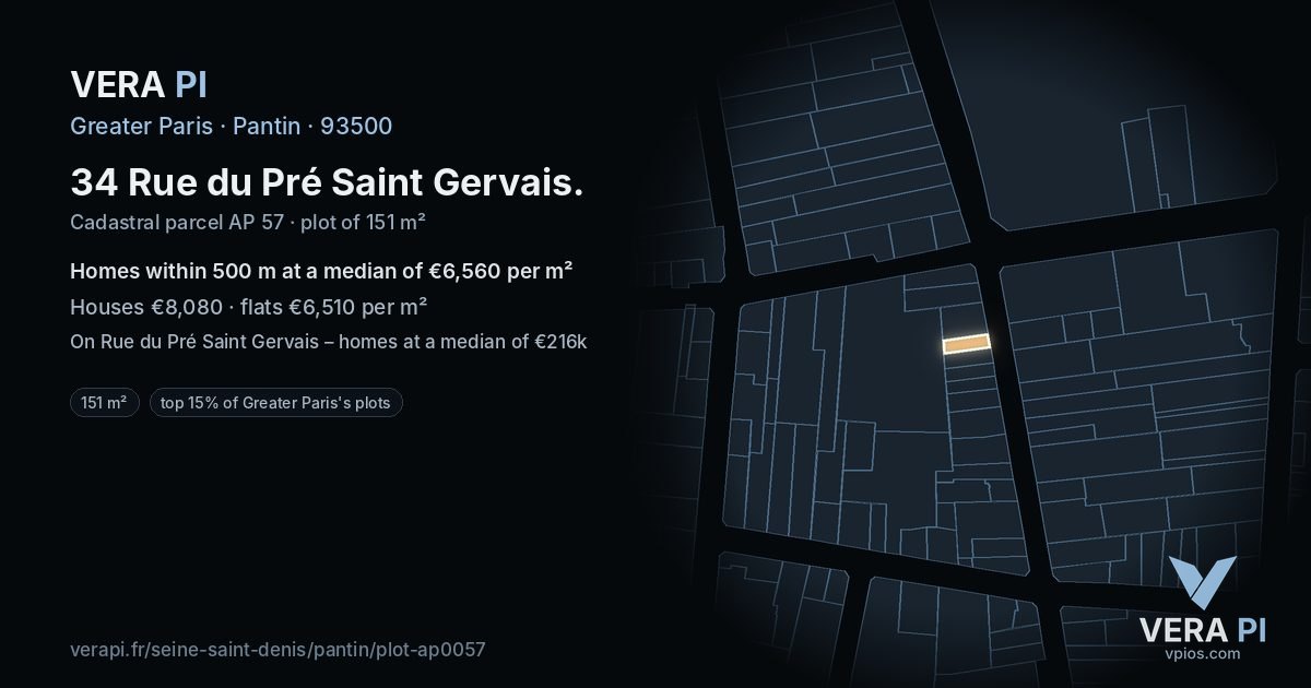 34 Rue du Pré Saint Gervais, Pantin at night – the plot lit, the parcels around coloured by the prices near them