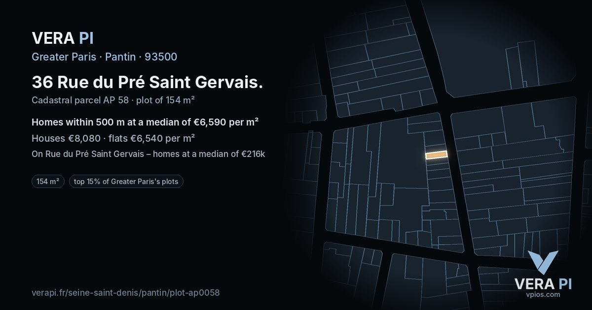 36 Rue du Pré Saint Gervais, Pantin at night – the plot lit, the parcels around coloured by the prices near them