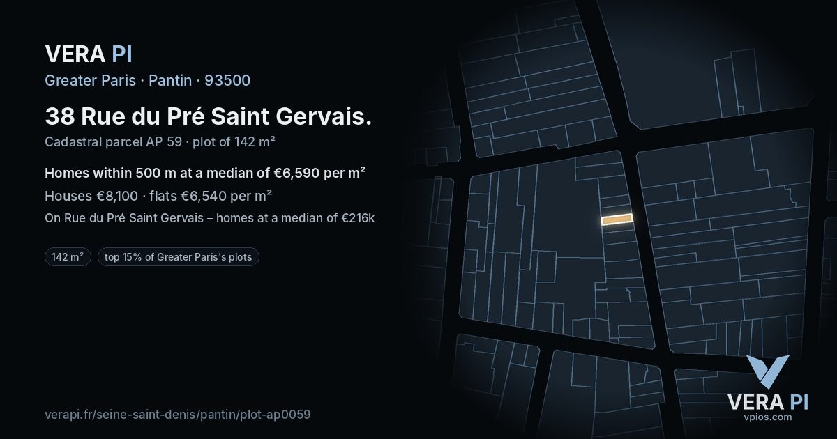 38 Rue du Pré Saint Gervais, Pantin at night – the plot lit, the parcels around coloured by the prices near them