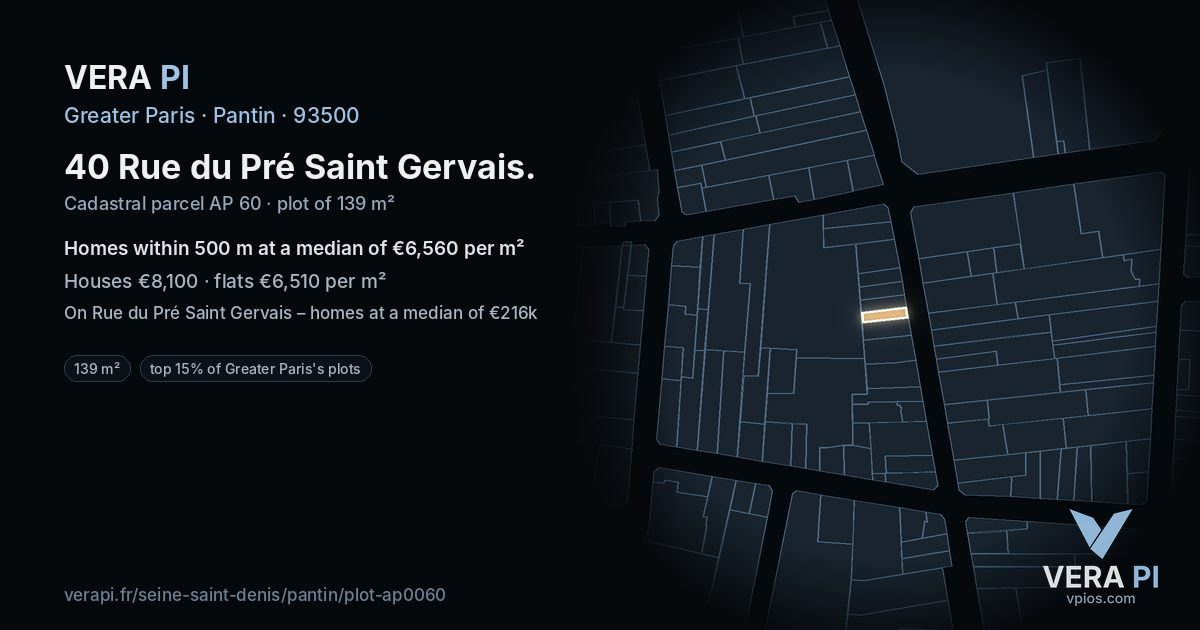 40 Rue du Pré Saint Gervais, Pantin at night – the plot lit, the parcels around coloured by the prices near them