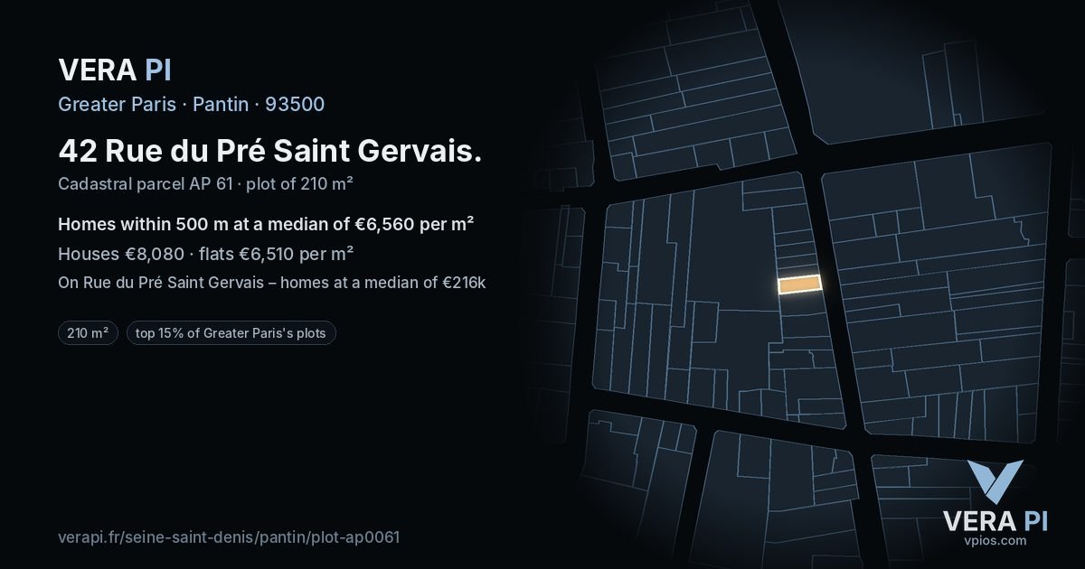 42 Rue du Pré Saint Gervais, Pantin at night – the plot lit, the parcels around coloured by the prices near them