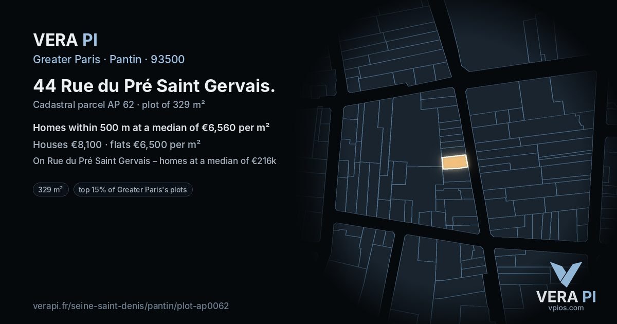 44 Rue du Pré Saint Gervais, Pantin at night – the plot lit, the parcels around coloured by the prices near them