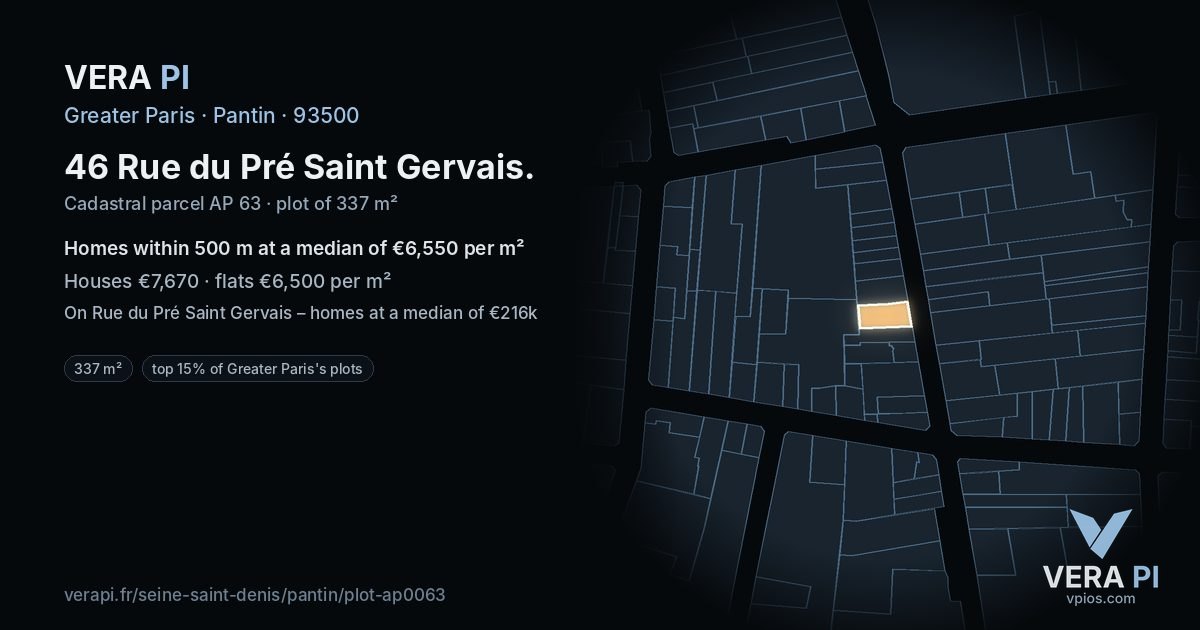 46 Rue du Pré Saint Gervais, Pantin at night – the plot lit, the parcels around coloured by the prices near them