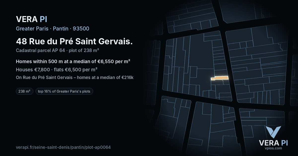 48 Rue du Pré Saint Gervais, Pantin at night – the plot lit, the parcels around coloured by the prices near them