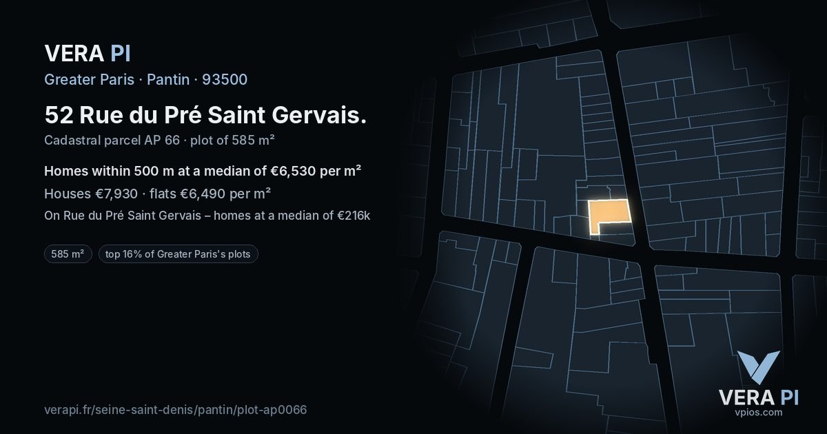 52 Rue du Pré Saint Gervais, Pantin at night – the plot lit, the parcels around coloured by the prices near them