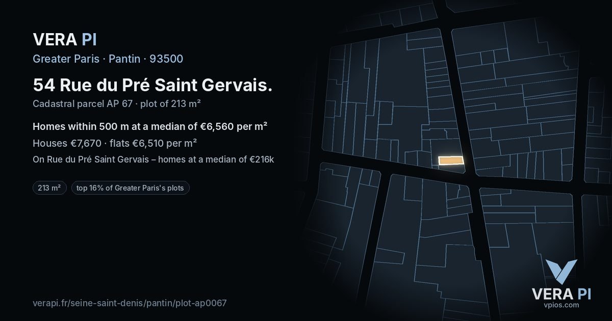 54 Rue du Pré Saint Gervais, Pantin at night – the plot lit, the parcels around coloured by the prices near them
