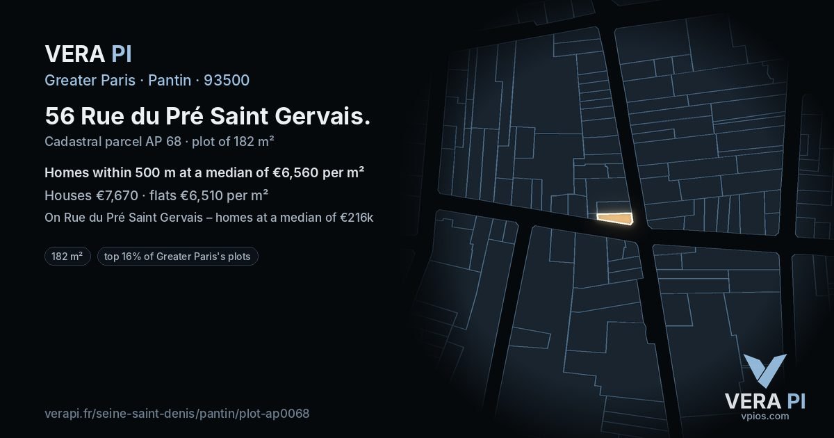 56 Rue du Pré Saint Gervais, Pantin at night – the plot lit, the parcels around coloured by the prices near them
