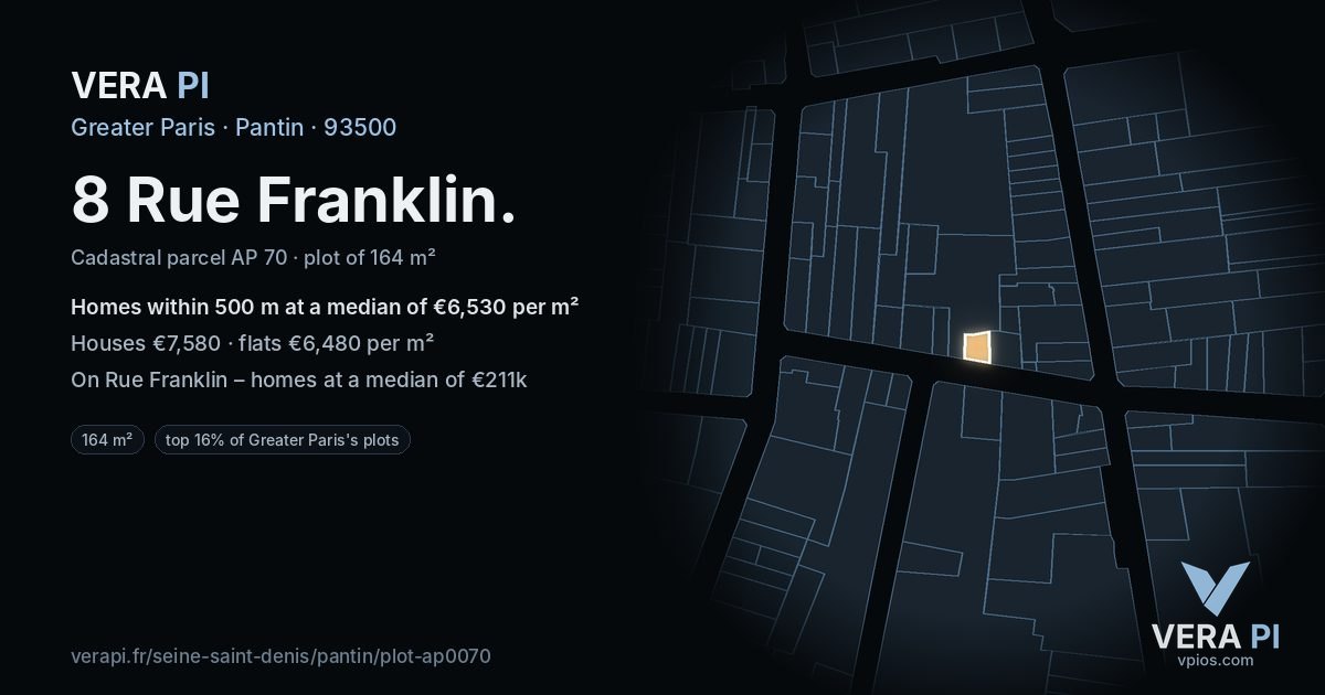 8 Rue Franklin, Pantin at night – the plot lit, the parcels around coloured by the prices near them