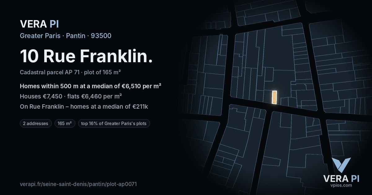10 Rue Franklin, Pantin at night – the plot lit, the parcels around coloured by the prices near them