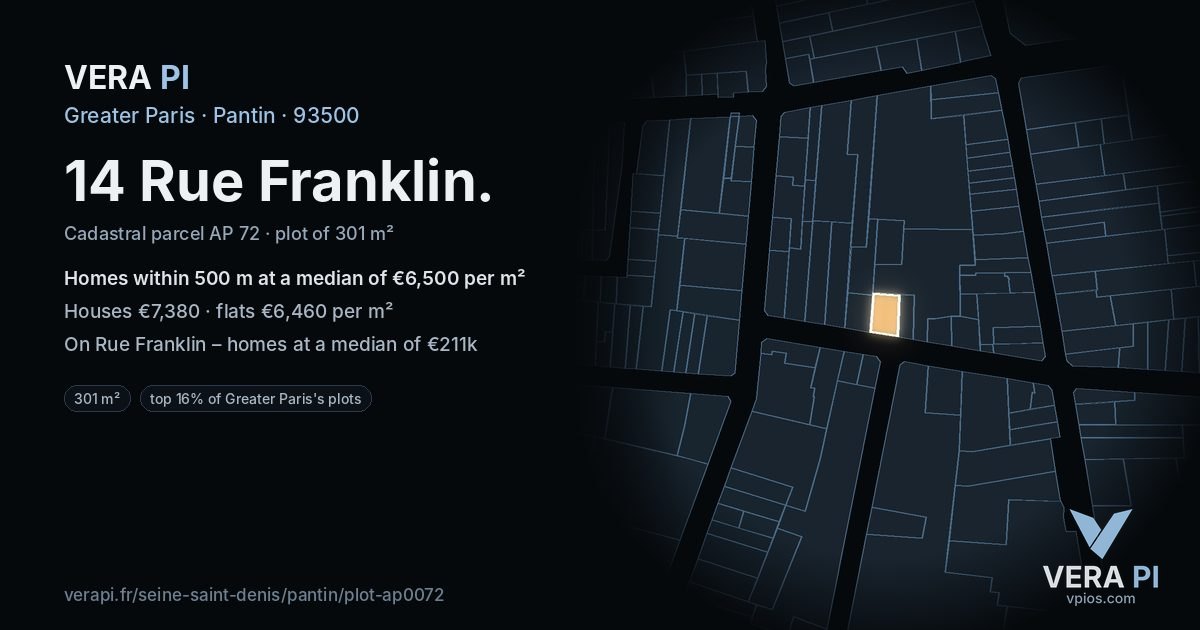 14 Rue Franklin, Pantin at night – the plot lit, the parcels around coloured by the prices near them
