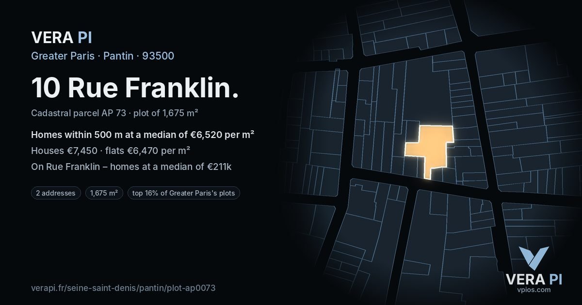 10 Rue Franklin, Pantin at night – the plot lit, the parcels around coloured by the prices near them