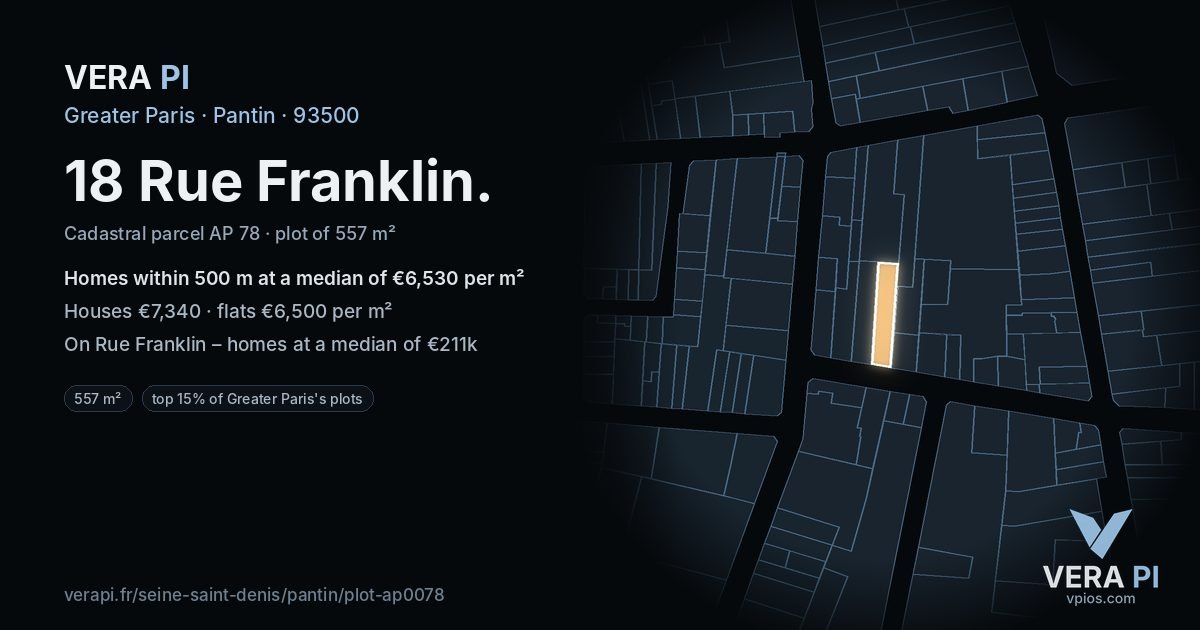 18 Rue Franklin, Pantin at night – the plot lit, the parcels around coloured by the prices near them