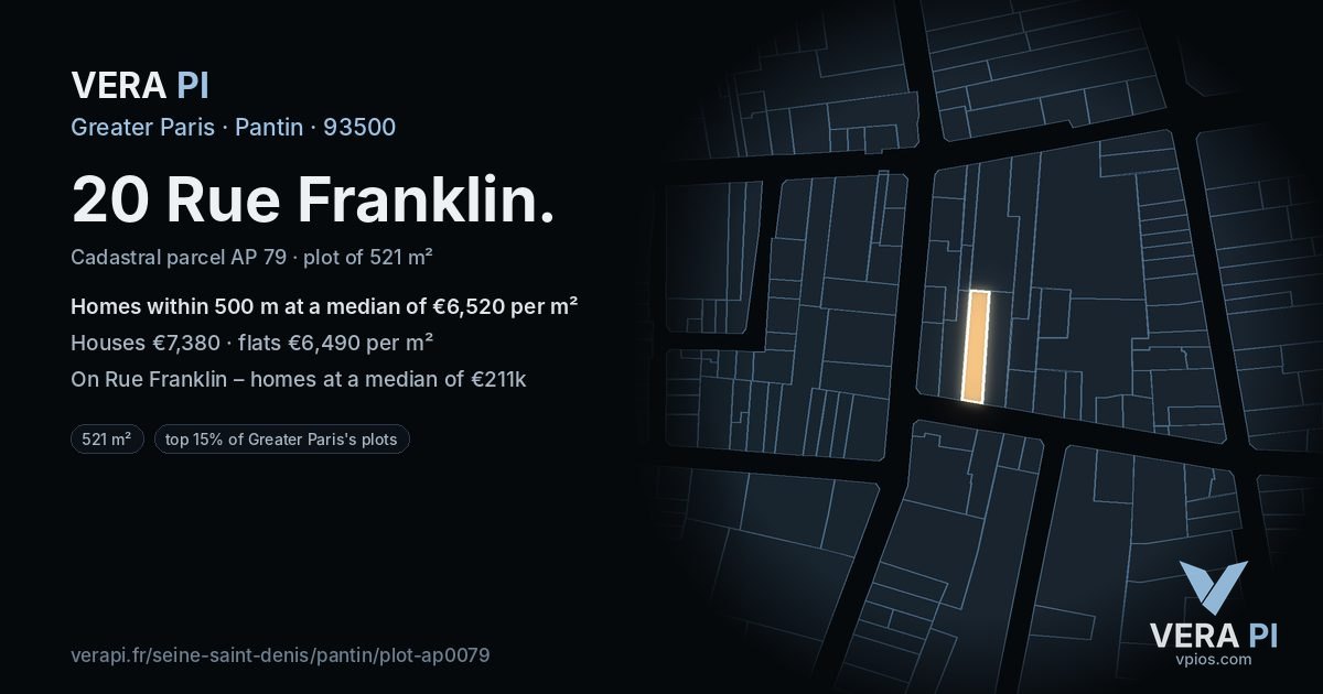 20 Rue Franklin, Pantin at night – the plot lit, the parcels around coloured by the prices near them