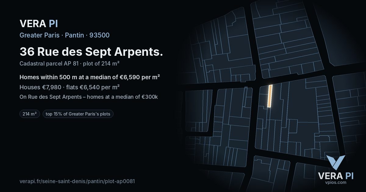 36 Rue des Sept Arpents, Pantin at night – the plot lit, the parcels around coloured by the prices near them