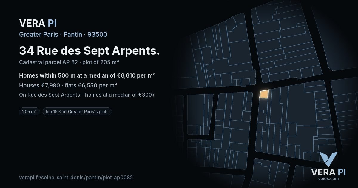 34 Rue des Sept Arpents, Pantin at night – the plot lit, the parcels around coloured by the prices near them