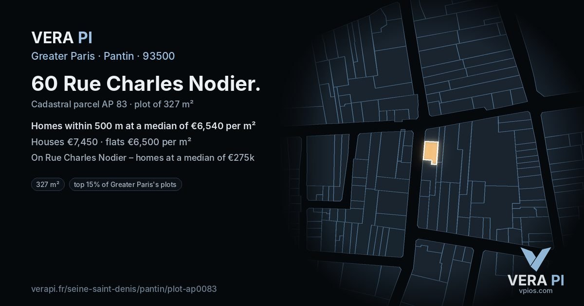 60 Rue Charles Nodier, Pantin at night – the plot lit, the parcels around coloured by the prices near them