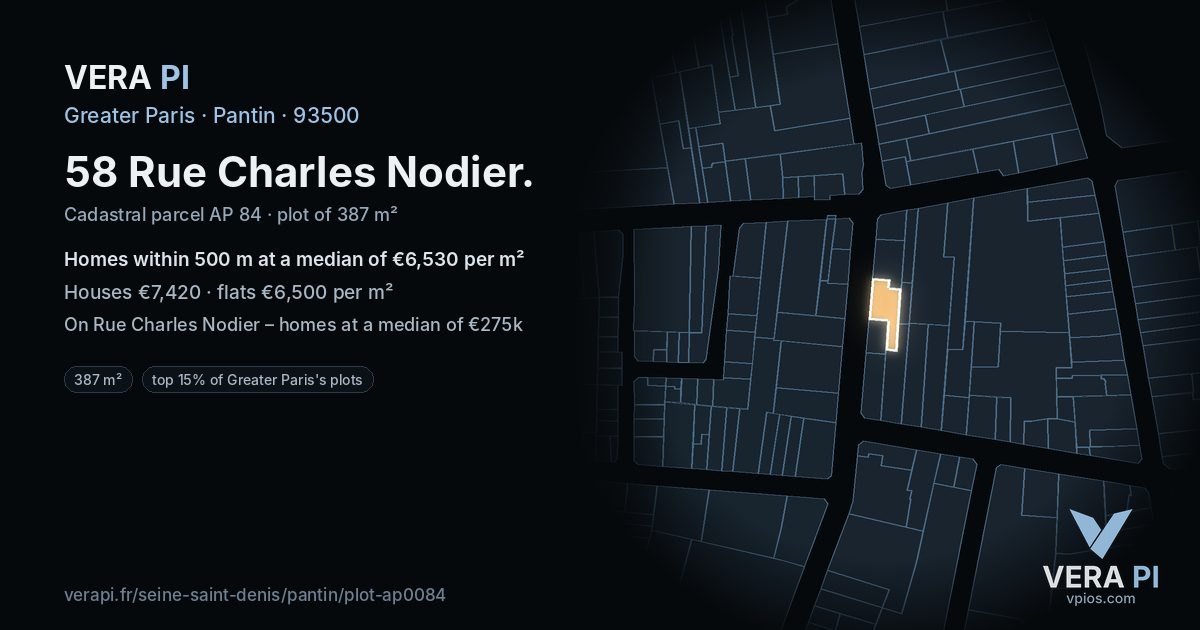 58 Rue Charles Nodier, Pantin at night – the plot lit, the parcels around coloured by the prices near them
