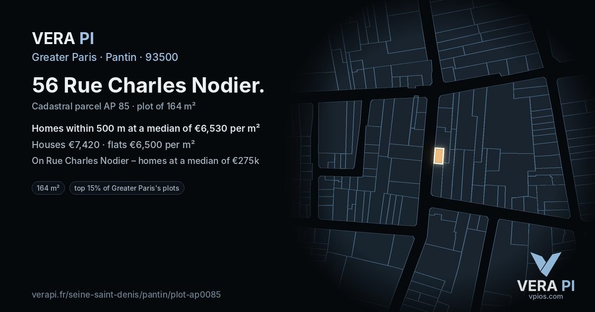 56 Rue Charles Nodier, Pantin at night – the plot lit, the parcels around coloured by the prices near them