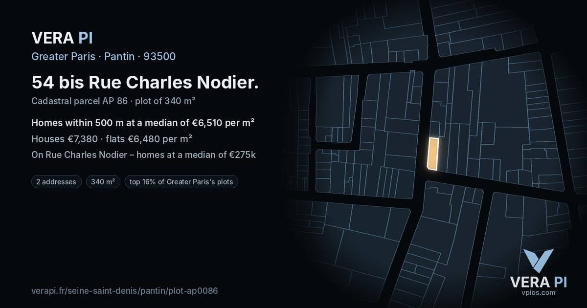 54 bis Rue Charles Nodier, Pantin at night – the plot lit, the parcels around coloured by the prices near them