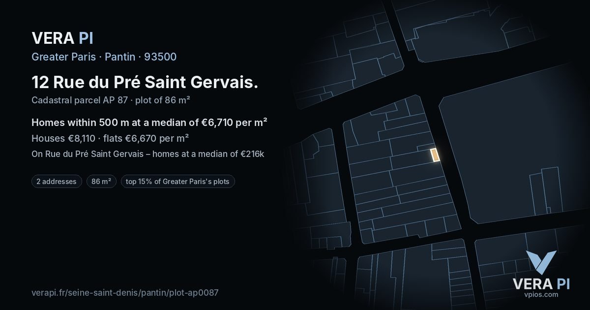 12 Rue du Pré Saint Gervais, Pantin at night – the plot lit, the parcels around coloured by the prices near them
