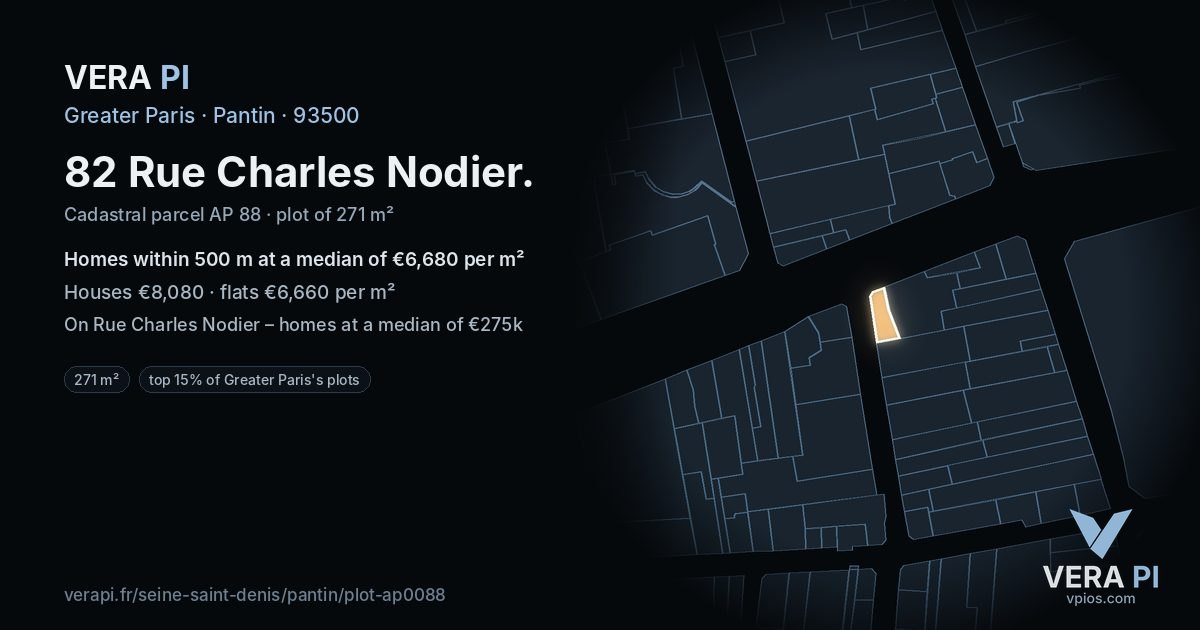 82 Rue Charles Nodier, Pantin at night – the plot lit, the parcels around coloured by the prices near them