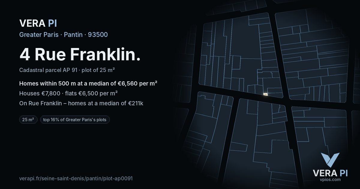 4 Rue Franklin, Pantin at night – the plot lit, the parcels around coloured by the prices near them