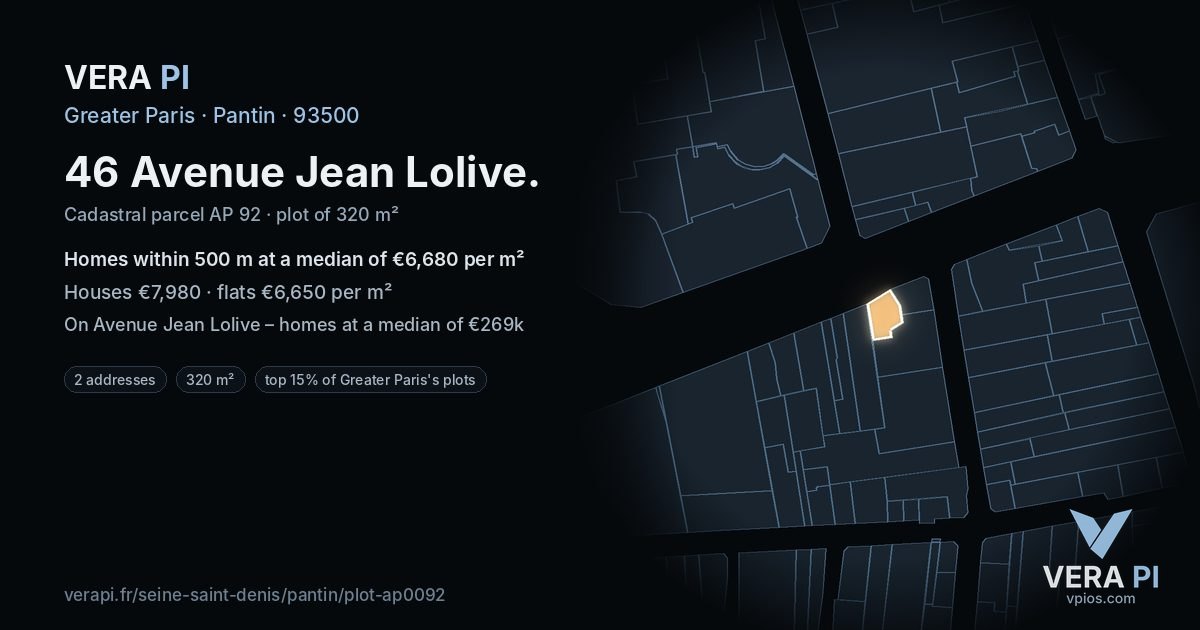 46 Avenue Jean Lolive, Pantin at night – the plot lit, the parcels around coloured by the prices near them