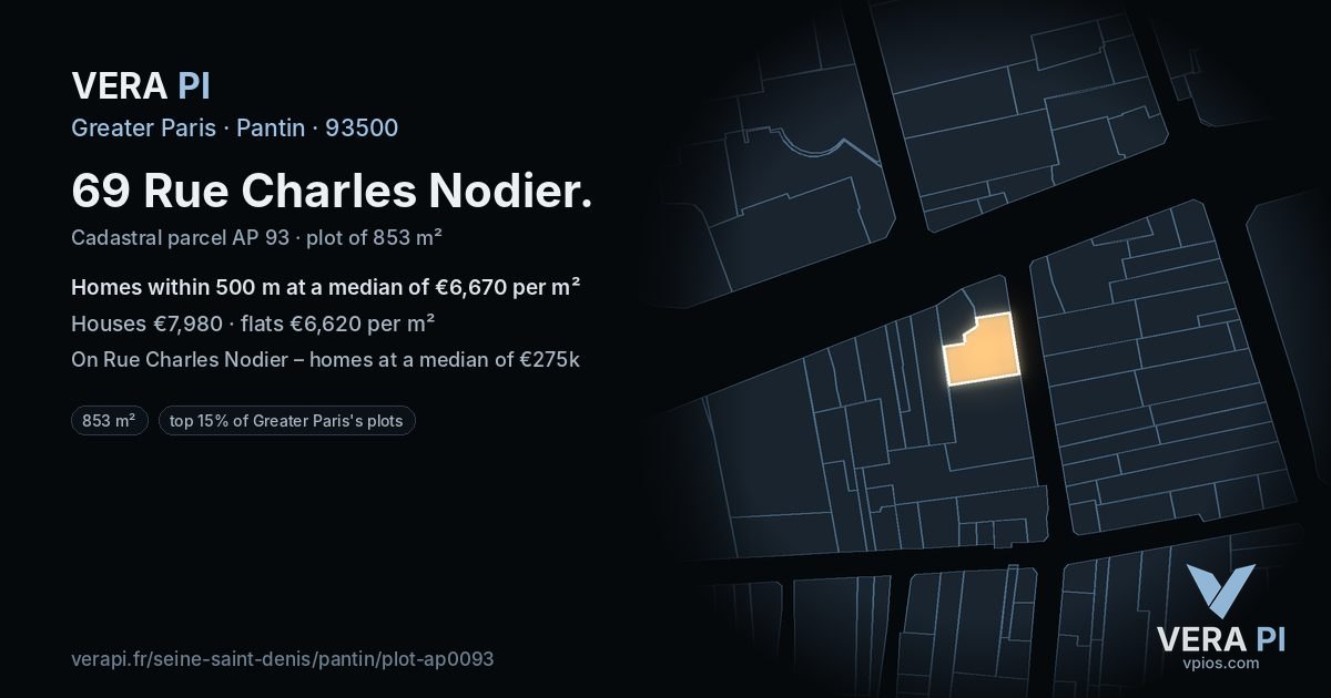 69 Rue Charles Nodier, Pantin at night – the plot lit, the parcels around coloured by the prices near them