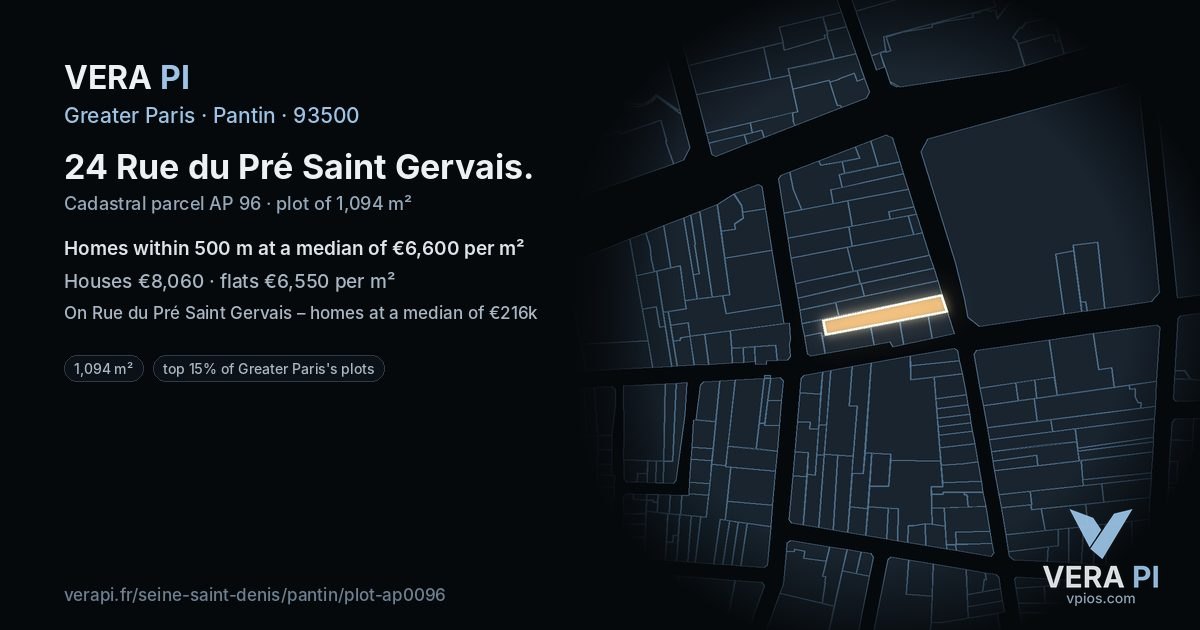 24 Rue du Pré Saint Gervais, Pantin at night – the plot lit, the parcels around coloured by the prices near them