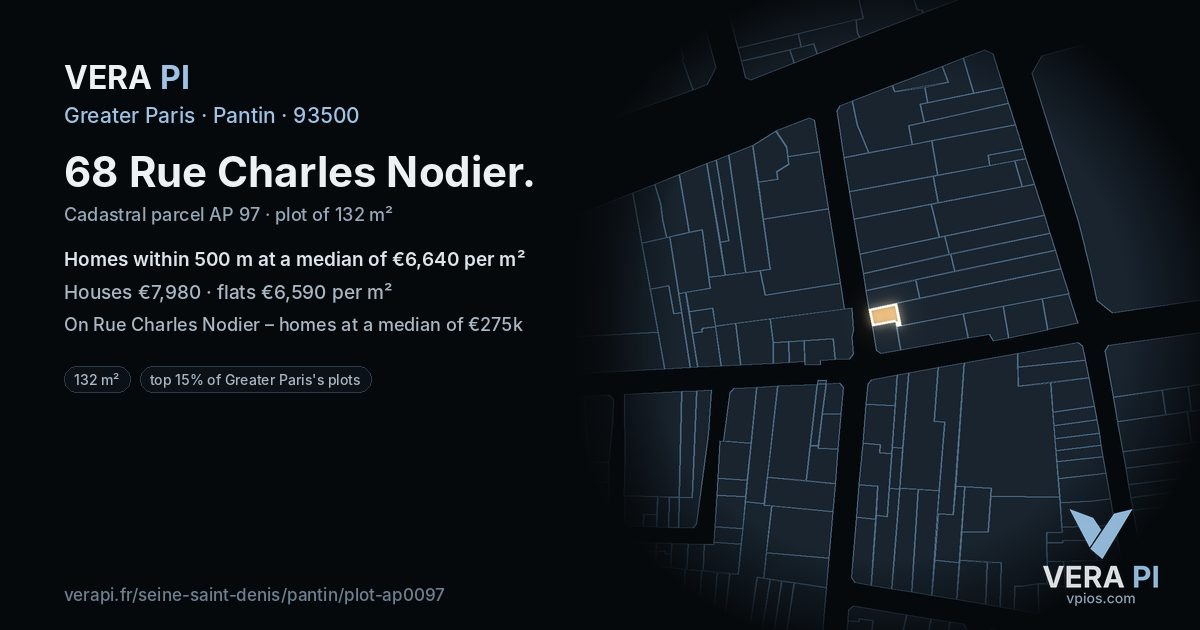 68 Rue Charles Nodier, Pantin at night – the plot lit, the parcels around coloured by the prices near them
