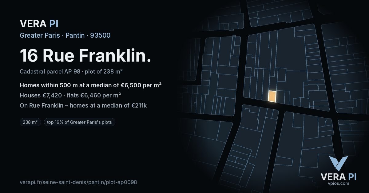 16 Rue Franklin, Pantin at night – the plot lit, the parcels around coloured by the prices near them