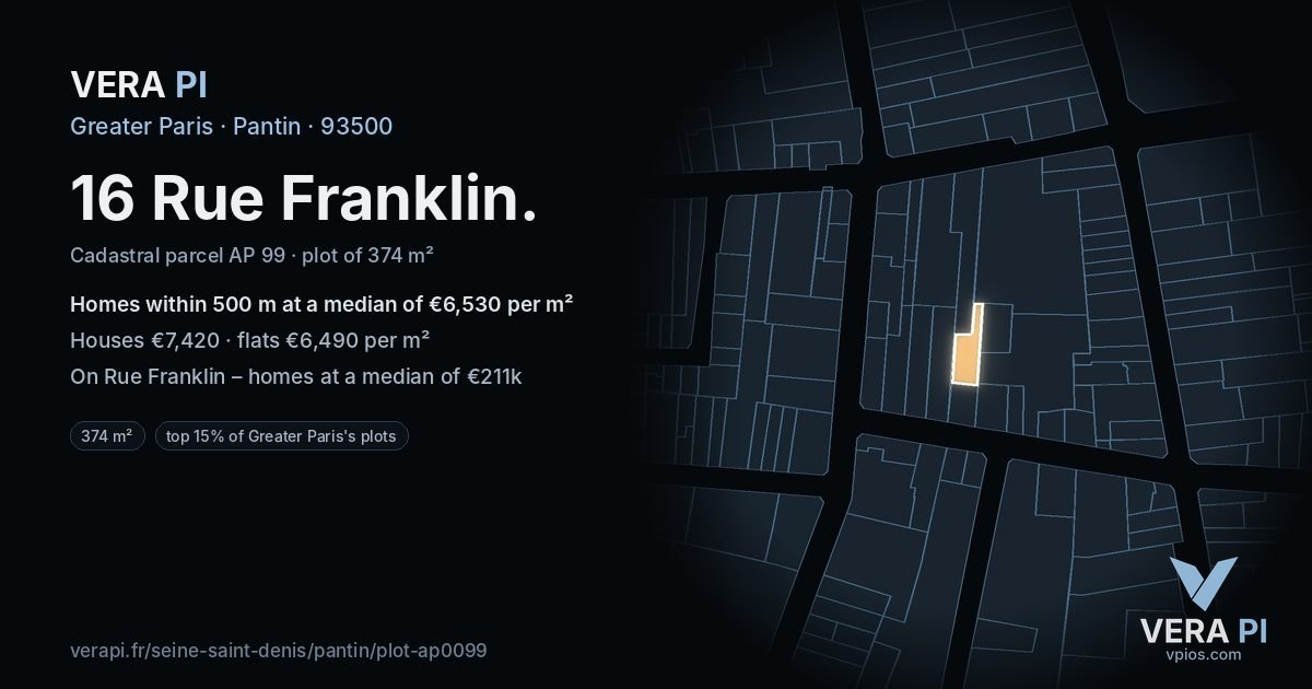 16 Rue Franklin, Pantin at night – the plot lit, the parcels around coloured by the prices near them