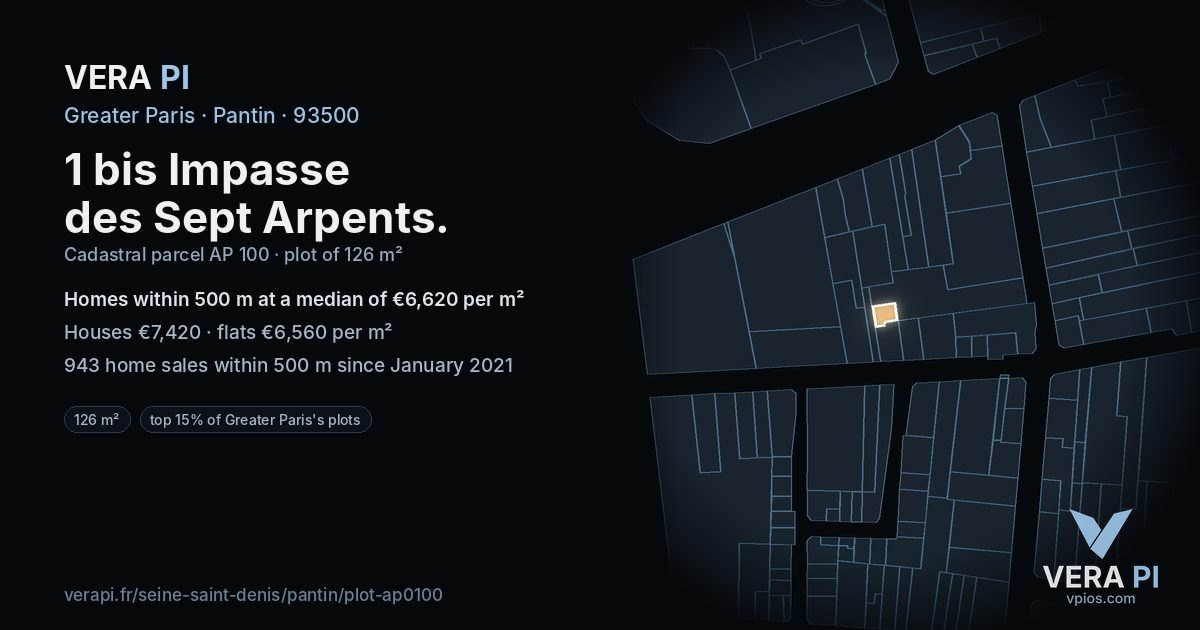 1 bis Impasse des Sept Arpents, Pantin at night – the plot lit, the parcels around coloured by the prices near them