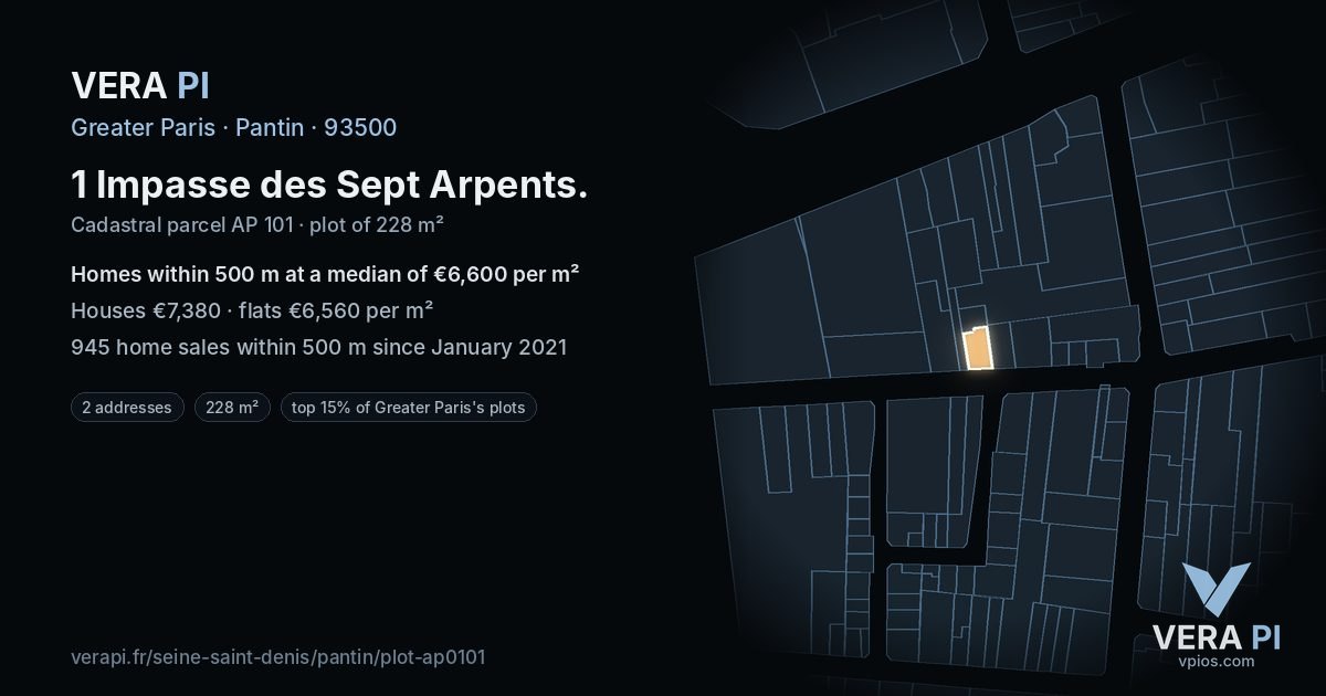 1 Impasse des Sept Arpents, Pantin at night – the plot lit, the parcels around coloured by the prices near them