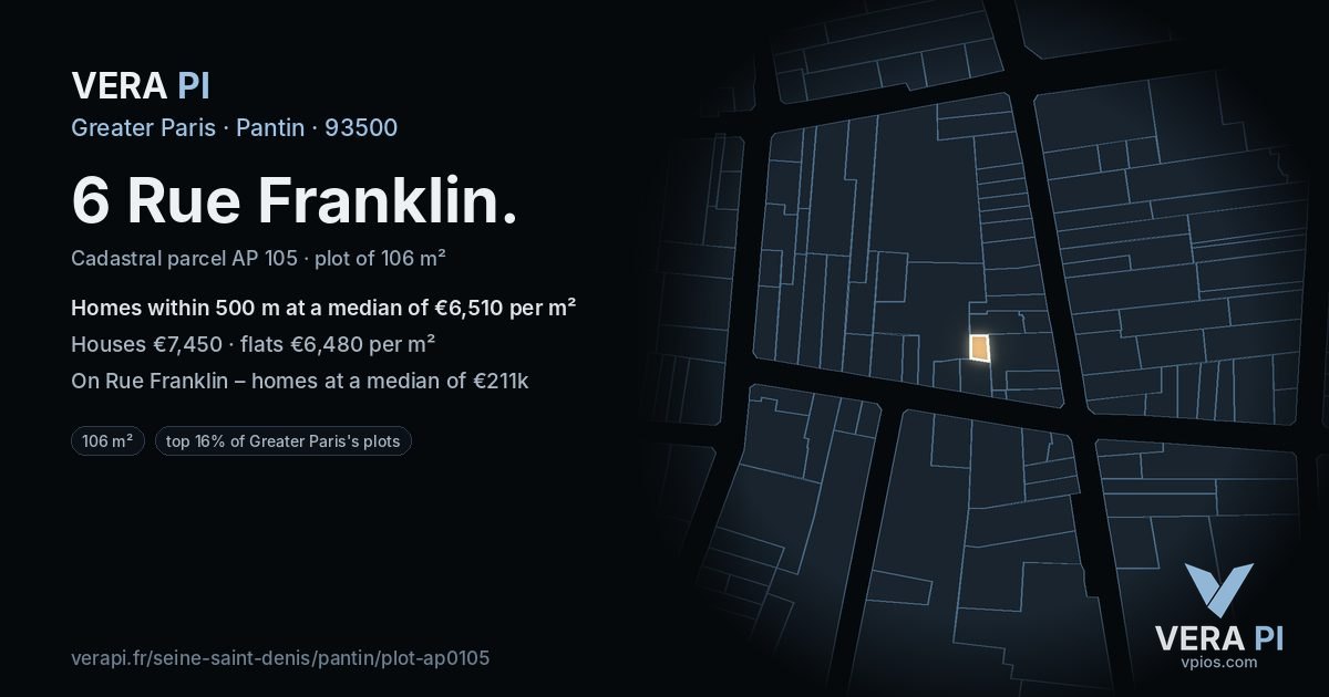6 Rue Franklin, Pantin at night – the plot lit, the parcels around coloured by the prices near them