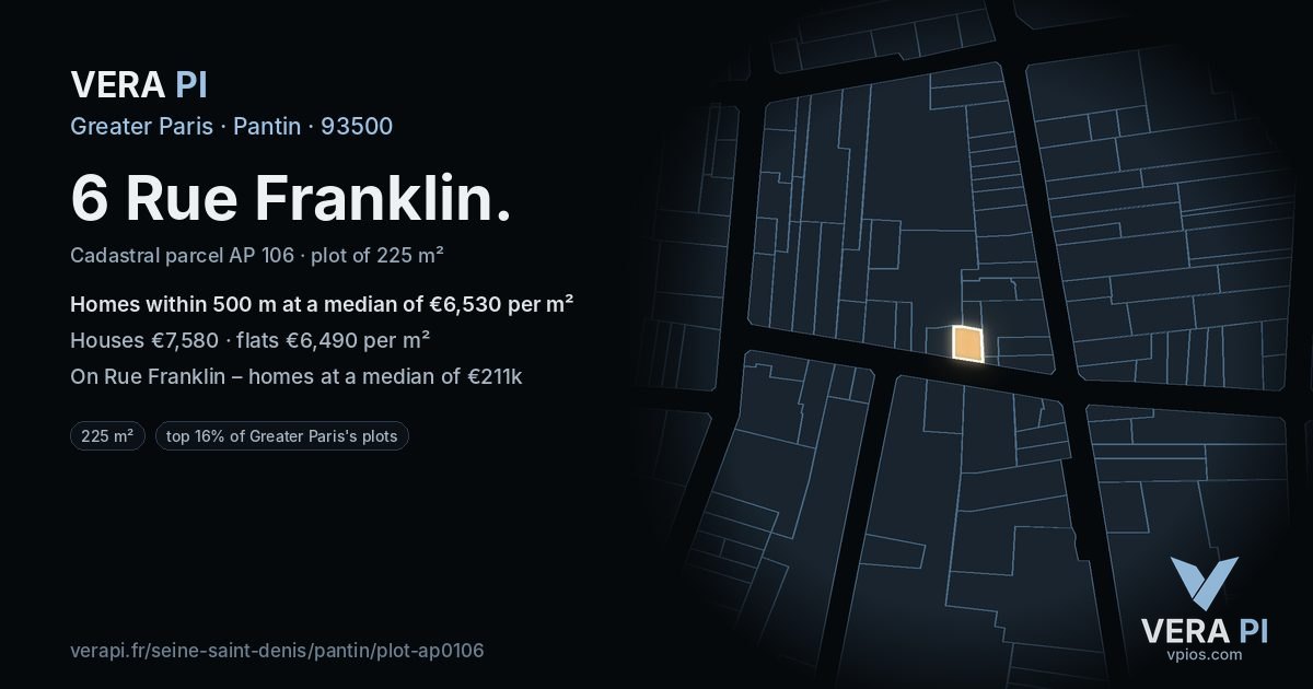 6 Rue Franklin, Pantin at night – the plot lit, the parcels around coloured by the prices near them