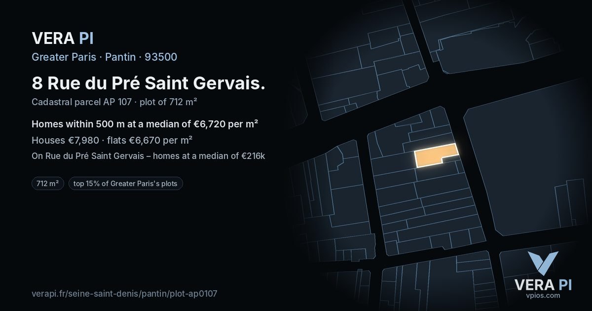 8 Rue du Pré Saint Gervais, Pantin at night – the plot lit, the parcels around coloured by the prices near them