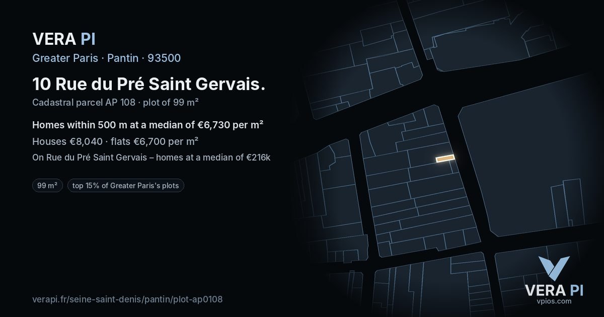 10 Rue du Pré Saint Gervais, Pantin at night – the plot lit, the parcels around coloured by the prices near them