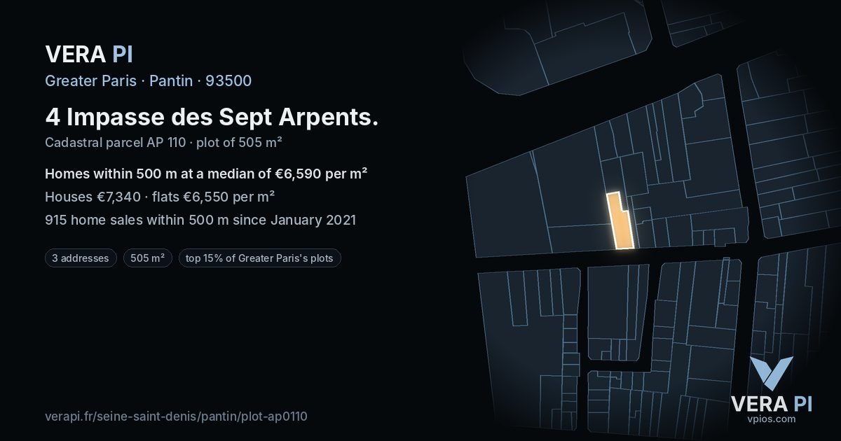 4 Impasse des Sept Arpents, Pantin at night – the plot lit, the parcels around coloured by the prices near them