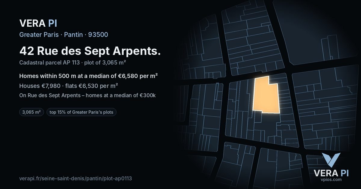 42 Rue des Sept Arpents, Pantin at night – the plot lit, the parcels around coloured by the prices near them