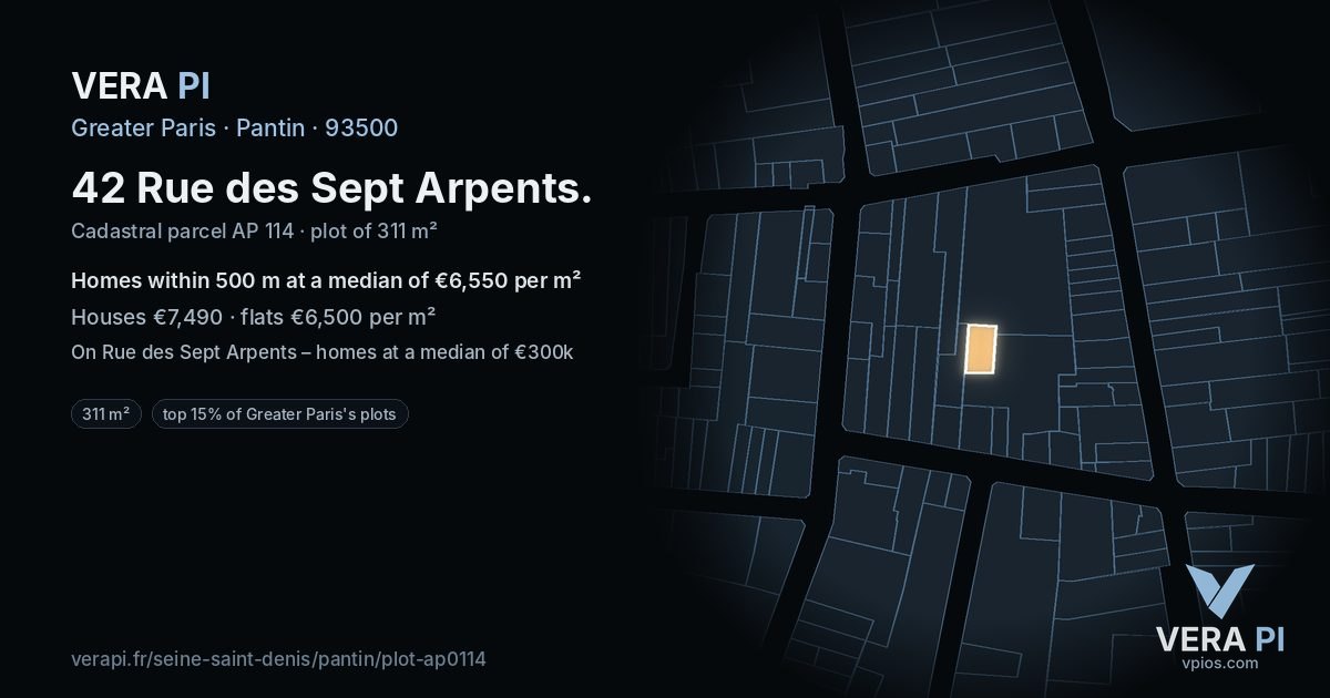 42 Rue des Sept Arpents, Pantin at night – the plot lit, the parcels around coloured by the prices near them