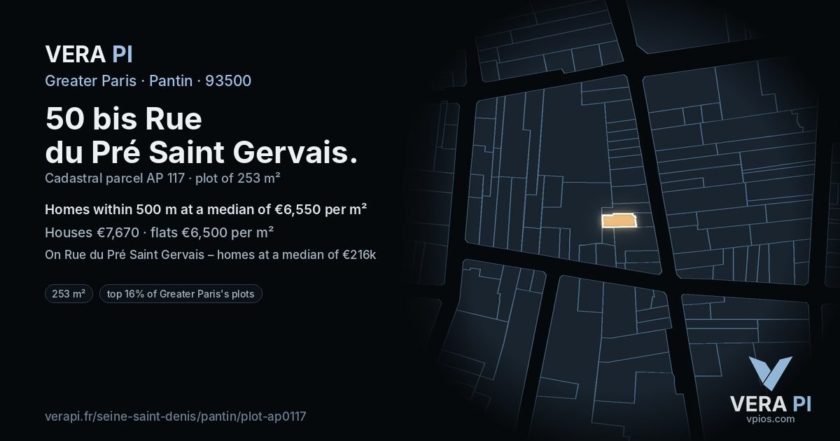 50 bis Rue du Pré Saint Gervais, Pantin at night – the plot lit, the parcels around coloured by the prices near them