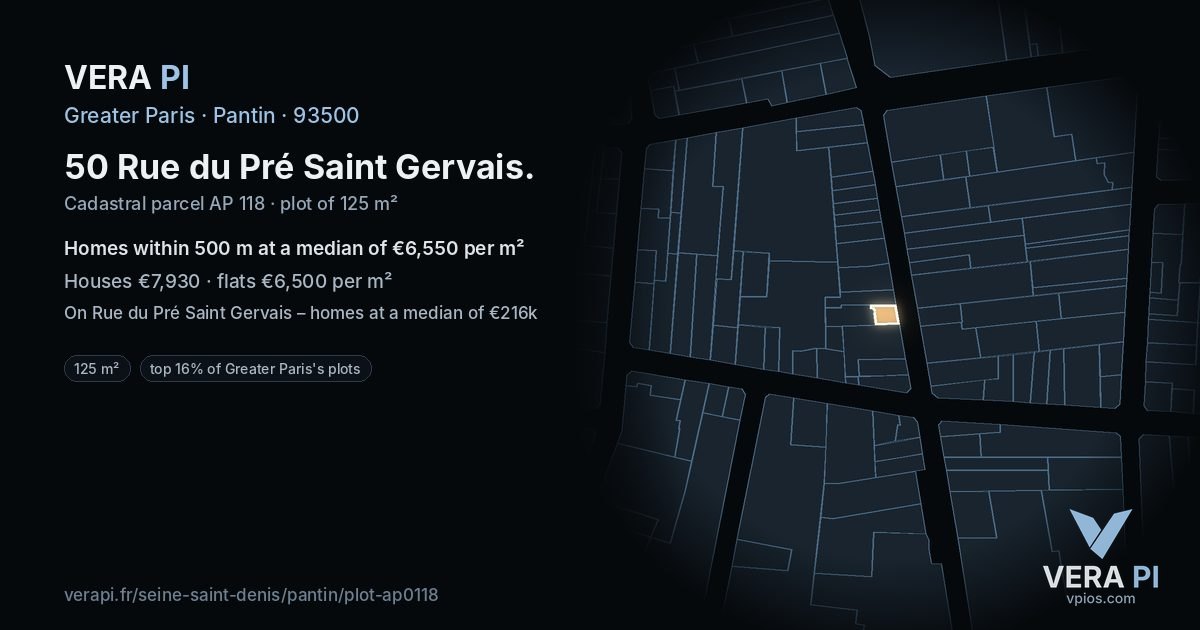50 Rue du Pré Saint Gervais, Pantin at night – the plot lit, the parcels around coloured by the prices near them