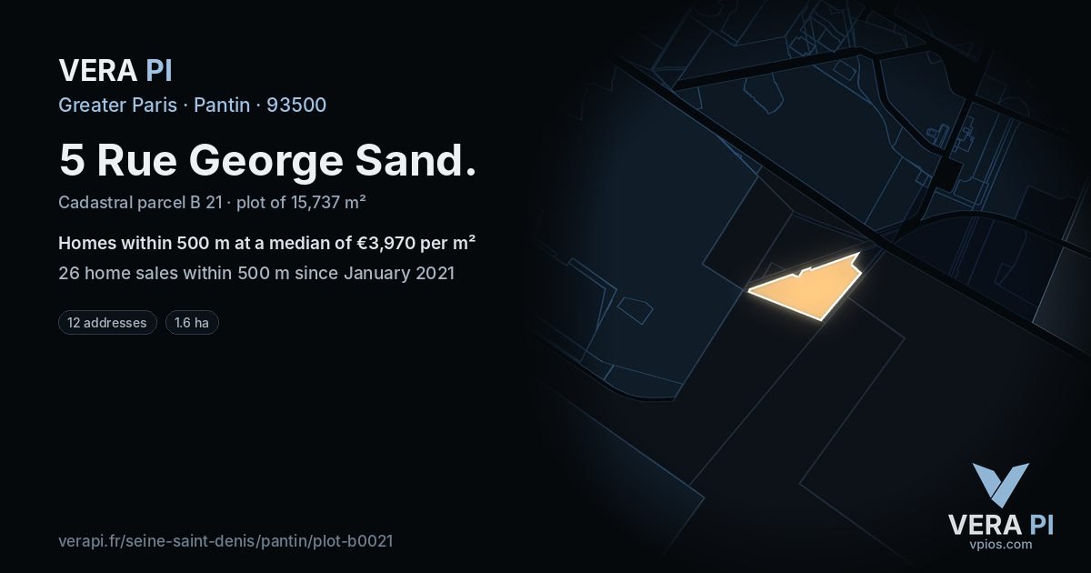 5 Rue George Sand, Pantin at night – the plot lit, the parcels around coloured by the prices near them