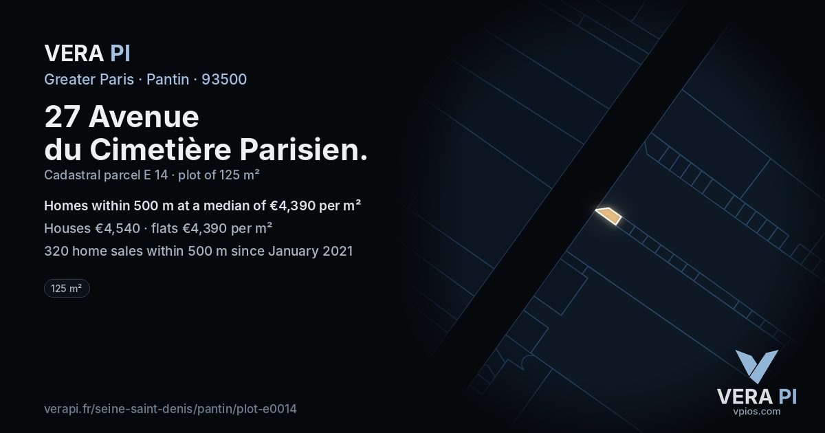 27 Avenue du Cimetière Parisien, Pantin at night – the plot lit, the parcels around coloured by the prices near them