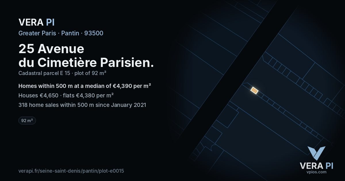 25 Avenue du Cimetière Parisien, Pantin at night – the plot lit, the parcels around coloured by the prices near them