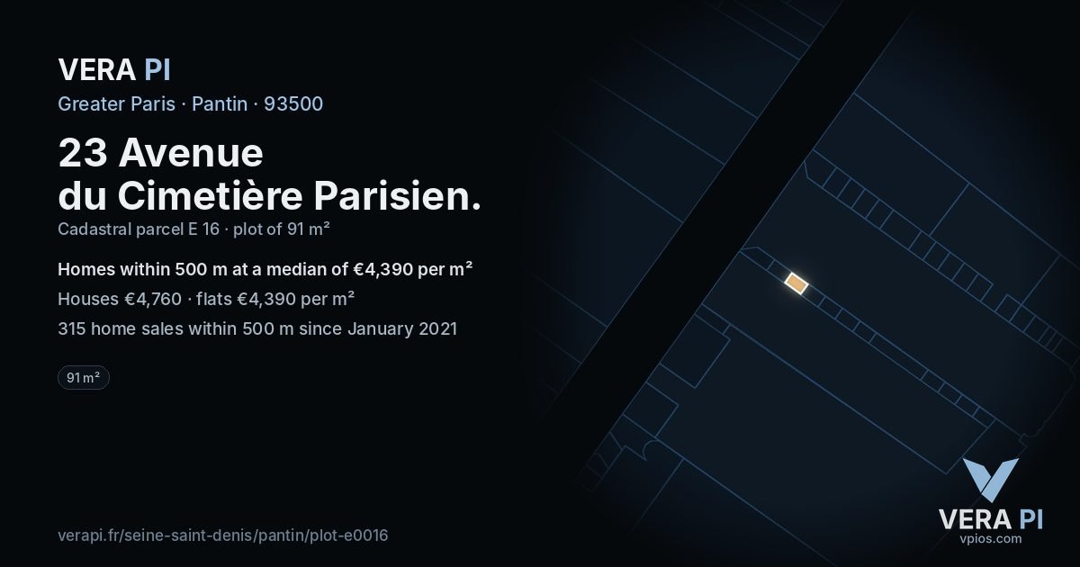 23 Avenue du Cimetière Parisien, Pantin at night – the plot lit, the parcels around coloured by the prices near them
