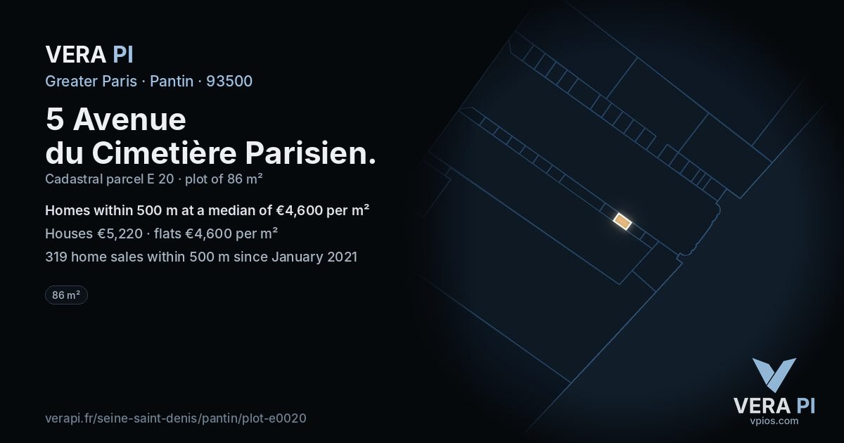 5 Avenue du Cimetière Parisien, Pantin at night – the plot lit, the parcels around coloured by the prices near them