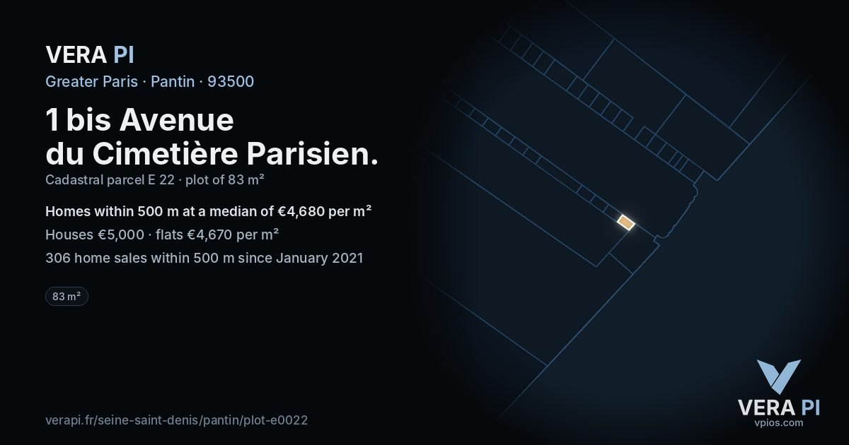 1 bis Avenue du Cimetière Parisien, Pantin at night – the plot lit, the parcels around coloured by the prices near them