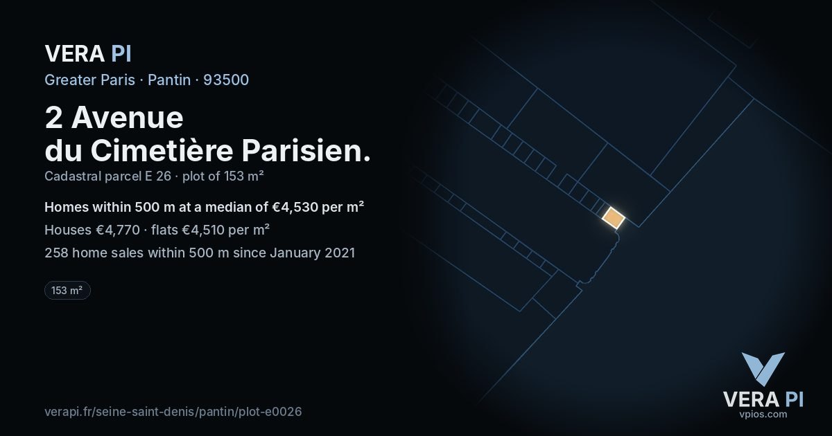 2 Avenue du Cimetière Parisien, Pantin at night – the plot lit, the parcels around coloured by the prices near them